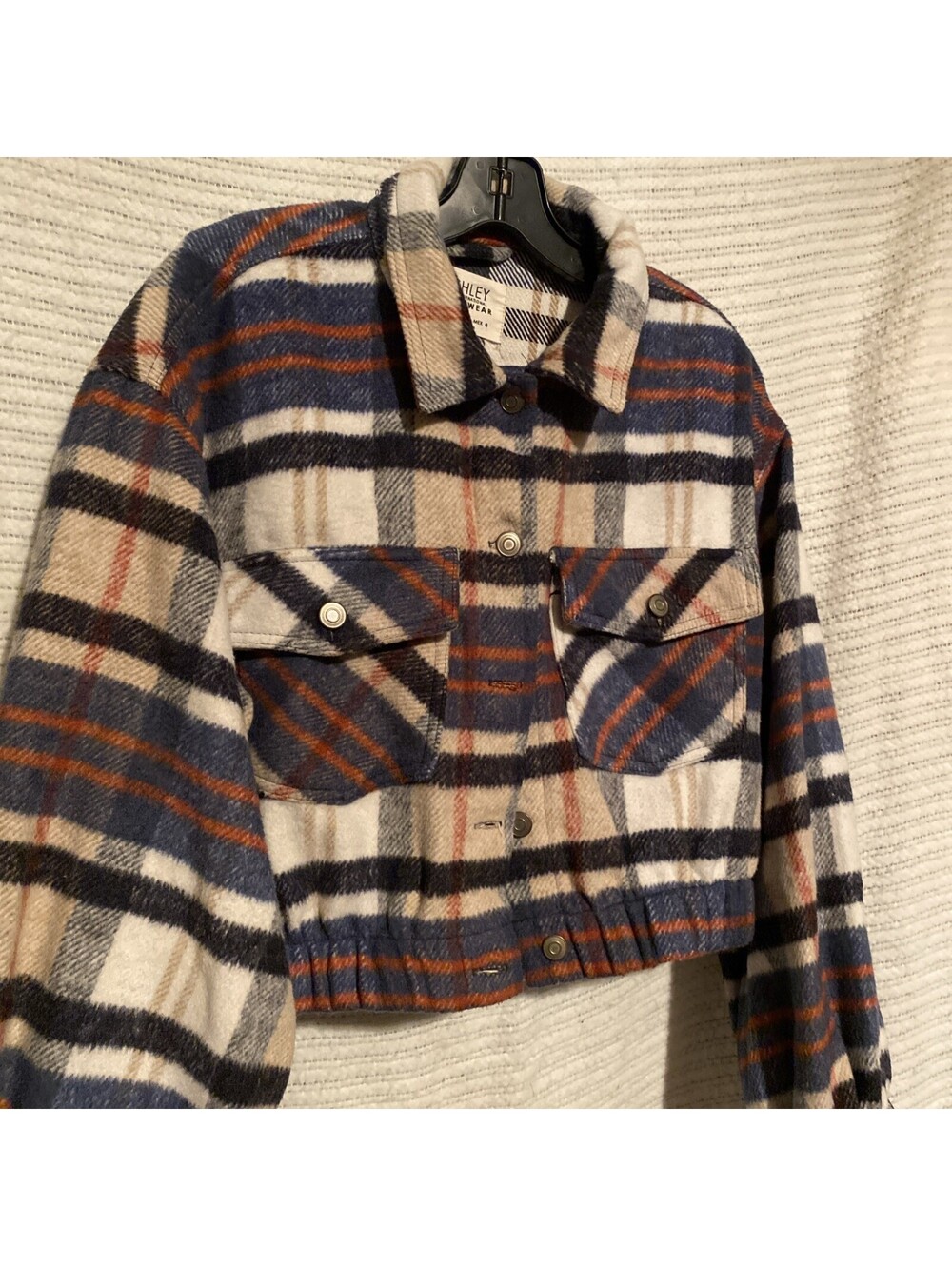 Ashley Outerwear Blue & Orange Plaid Flannel Cropped Button Front Shack -L